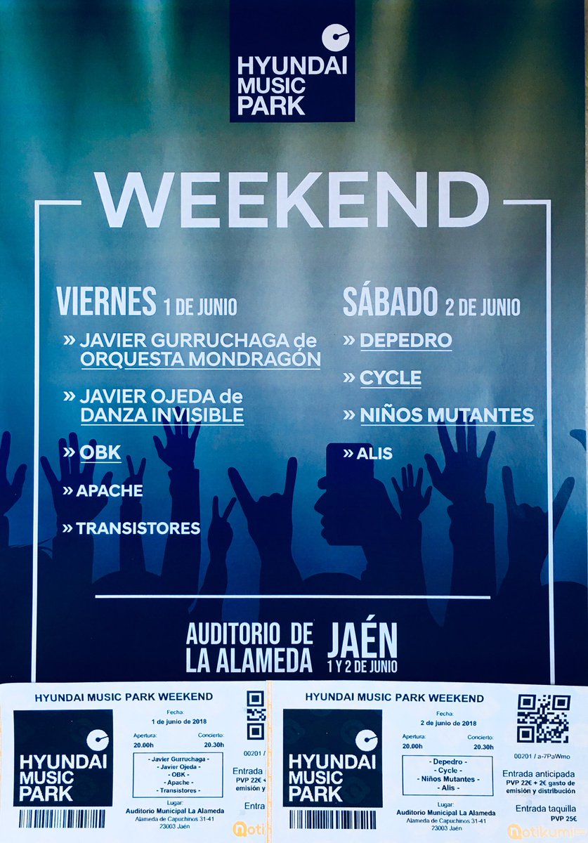 VigSur's tweet photo. Vendidas las primeras 300 entradas de promoción. A partir de mañana estarán las entradas físicas en los puntos de venta habituales Piturda , Viajes Santa Barbara , Kiosko Estanco del Parque, Pub Rock States y el Corte Inglés. Hyundai Music Park Weekend en #Jaen https://t.co/EToaHppW3R