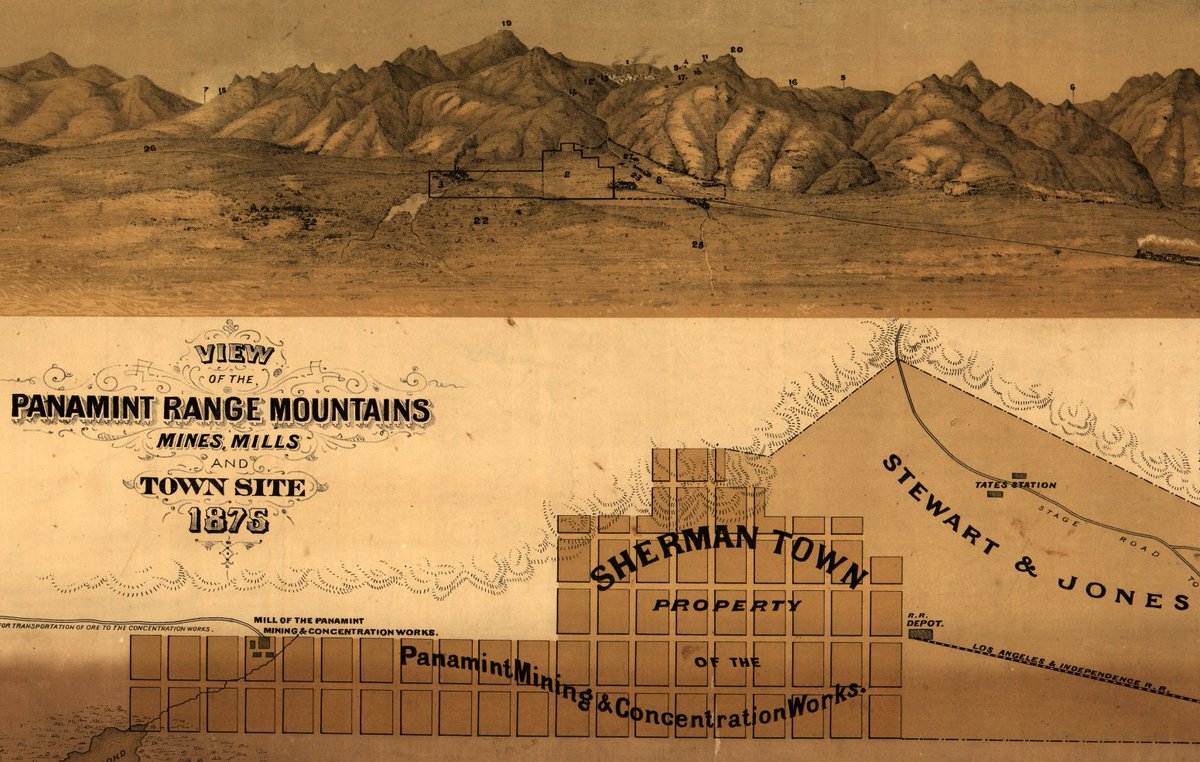 LOCMaps's tweet photo. This map includes both a town plan and a mountainous panoramic view of the #Panamint Range in #California! This area near #DeathValley was a mining boom town in the 1870s.
Take a closer look here: https://t.co/o6oA62Mea6 https://t.co/7Q1iT47PPk