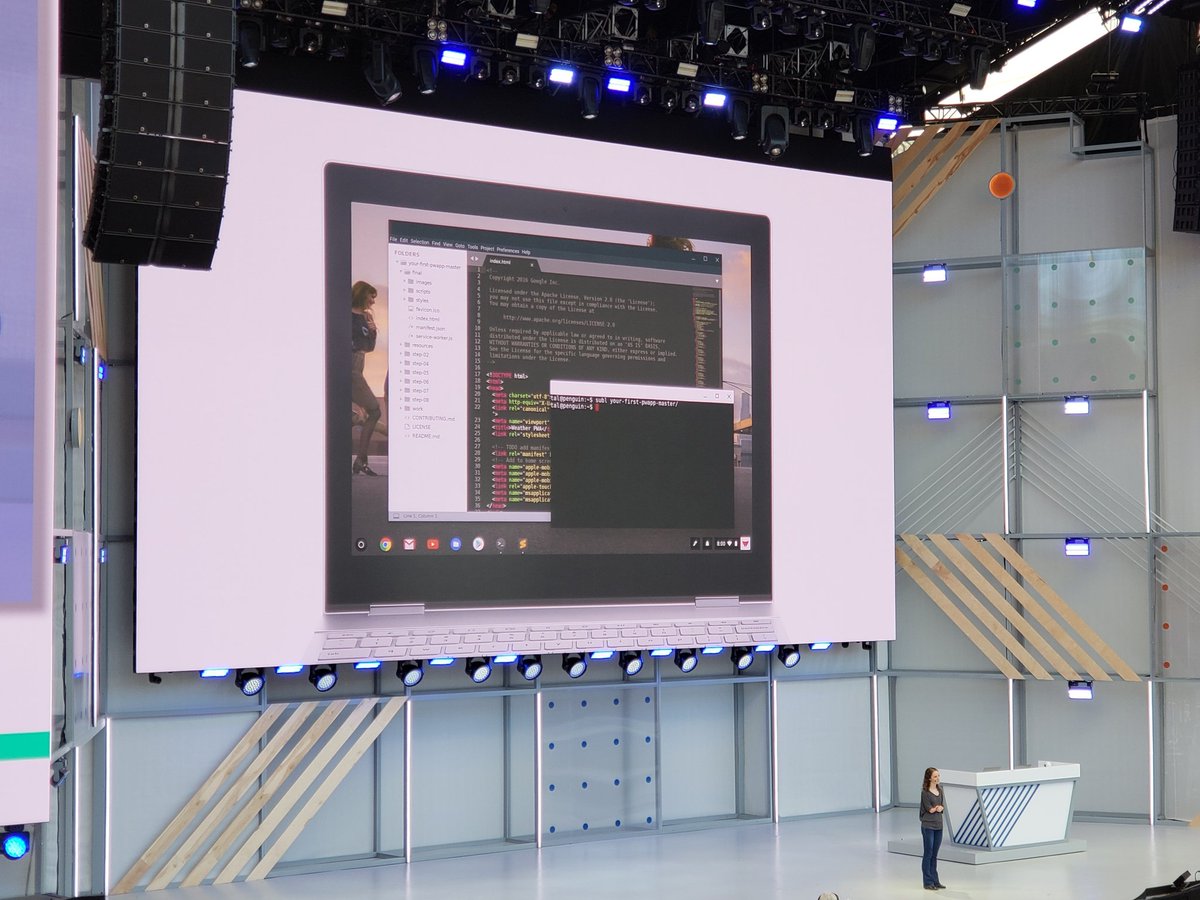 tnkgrl's tweet photo. The most exciting news from #io18 so far... #Linux support for #ChromeOS, complete with apps, tools, and shell! Yes, this means you can code for @Android on a #ChromeBook :) #GS9Plus #zoom https://t.co/mbucmVrkIx