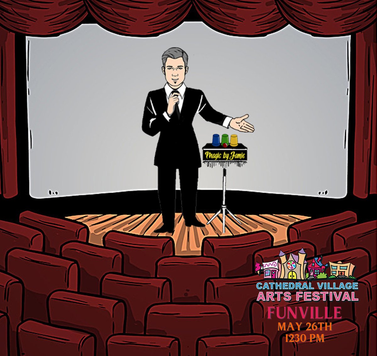 Magic_by_Jamie's tweet photo. Performing my Family Fun Magic show at the Cathedral Village Arts Festival May 26th on the Funville stage at 12:30 PM. https://t.co/dWoHs6wMgj