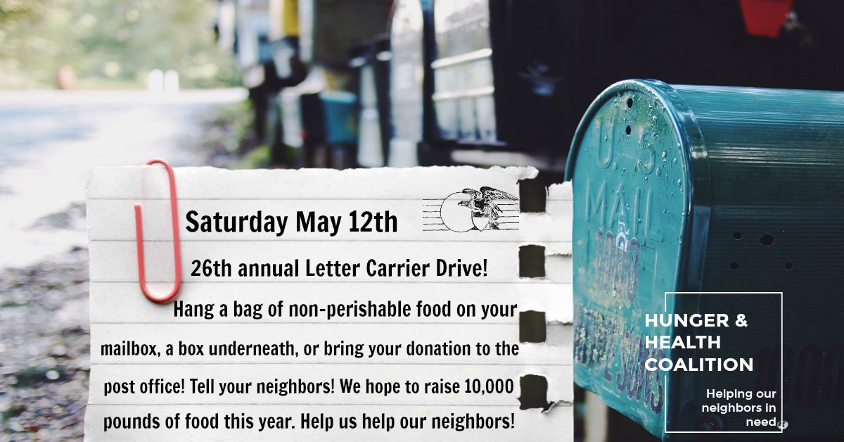 CoHunger's tweet image. This Saturday is the nation Letter Carrier Drive! Hang a bag of nonperishable goods on your mailbox if you live in Watauga County, and the food will go directly to the Hunger and Health Coalition.