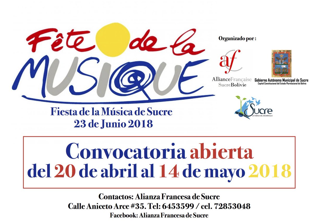 AF_Sucre's tweet photo. 🎶 FIESTA DE LA MUSICA DE SUCRE 2018 🎶
CONVOCATORIA
APERTURA: 20 DE ABRIL * CIERRE: 14 DE MAYO

Formulario de inscripción Fiesta de la Música 2018
https://t.co/mG2LHvZ9BU

Documento convocatoria Fiesta de la Música 2018
https://t.co/xWbZlBirlc https://t.co/JBlLFuyPYS