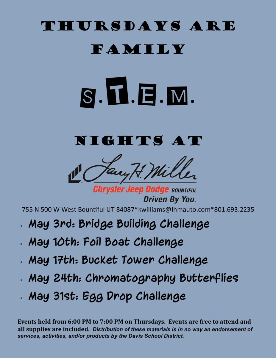 STEMinMotion's tweet photo. Come out to STEM Night with Larry H. Miller every Thursday night this May in Bountiful! Events are free to attend and include all the supplies to spend an hour immersed in family fun STEM activities! https://t.co/dM1Mr2grLr