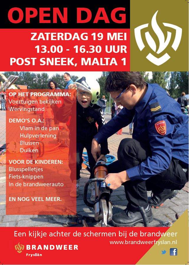 Brandweer_Sneek's tweet photo. Nog even en dan is de
OPEN DAG  post Sneek.
Stond het nog niet in uw agenda, dan nu de herinnering hier aan.
*Zaterdag 19 mei van 13.00 tot 16.30 uur*
Altijd al interesse gehad in het werk van de vrijwillige brandweer, schroom niet en kom langs, wij staan u graag te woord. https://t.co/hmf5OH91fO
