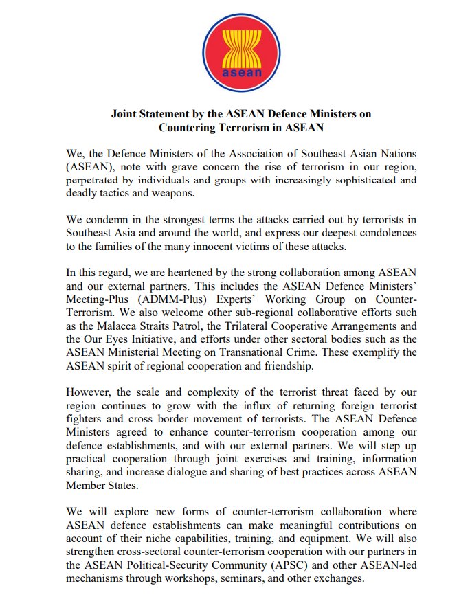 #Terrorism is a severe threat to ASEAN’s progress, prosperity &amp; very way of life. We remain resolutely committed to defeating this scourge for benefit of people of #ASEAN.

Counter-terrorism team may need to look at Ro #lobbyists as well.
#Myanmar  
Stmt | goo.gl/rPyBfB