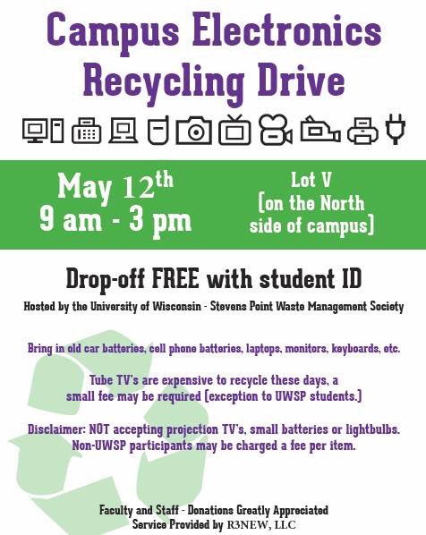 Bring your unwanted electronics to campus this Saturday so they can be properly be recycled!☎️🖥📱 Drop off is FREE with student ID but open to anyone! #uwsp #recycle #electronicrecycling #pointersrecycle