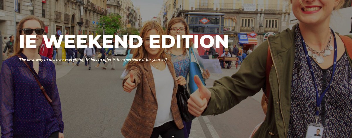 SabineYazbeck's tweet photo. Do you want to know what the #IEExperience is all about? Join us for the next IE Weekend edition in one of the most vibrant student cities #Madrid. Register here: https://t.co/xha4HFJUH0 https://t.co/zpz5hAcS5S