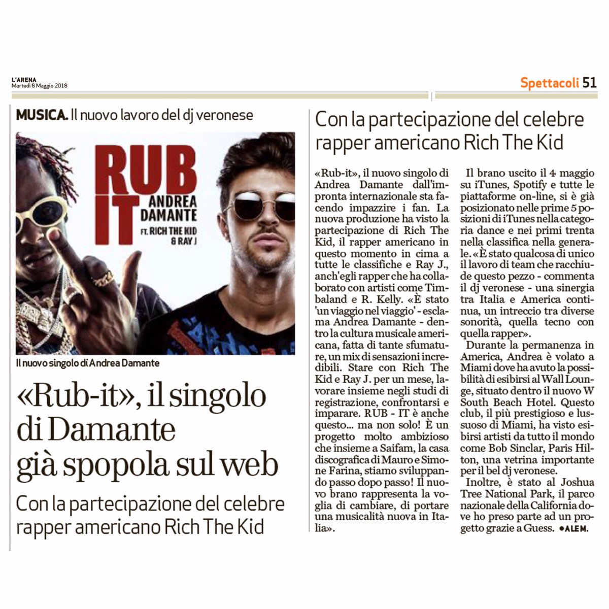 Ale87marconi's tweet image. #RUBIT il nuovo lavoro del Dj veronese. Il singolo di @AndreaDamante già spopola sul web! Oggi sul quotidiano @larenait #andreadamante @richthekid @RayJ @TheSaifamGroup