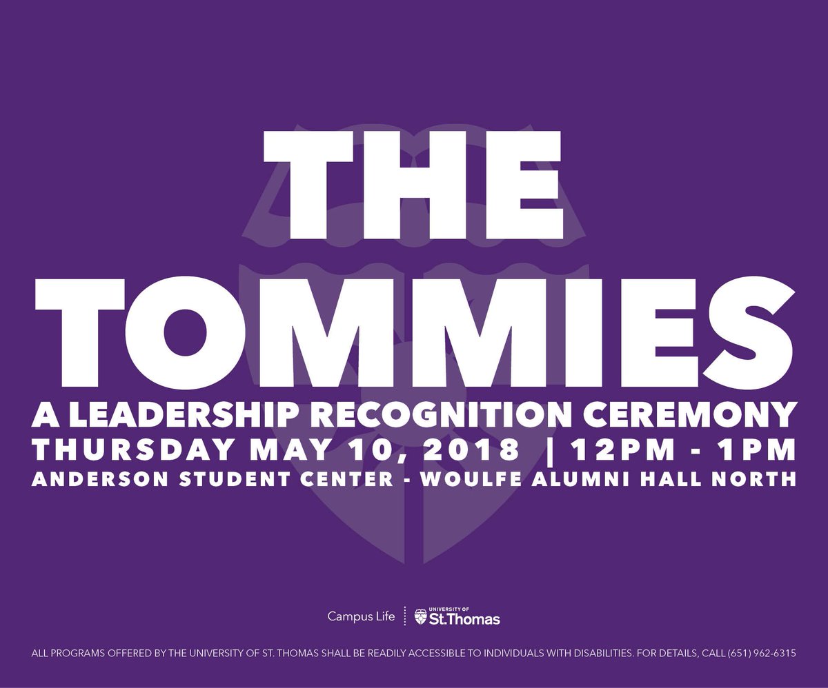 TommieMascot's tweet photo. The Tommies: A Leadership Recognition Ceremony takes places this Thursday (5/10) over convo hour! We'll be in Woulfe Alumni Hall North from 12pm-1pm, join us for food and a celebration of our amazing student leaders!

#tommietuesday #studentleaders #forthecommongood https://t.co/2sOOLUnK7i