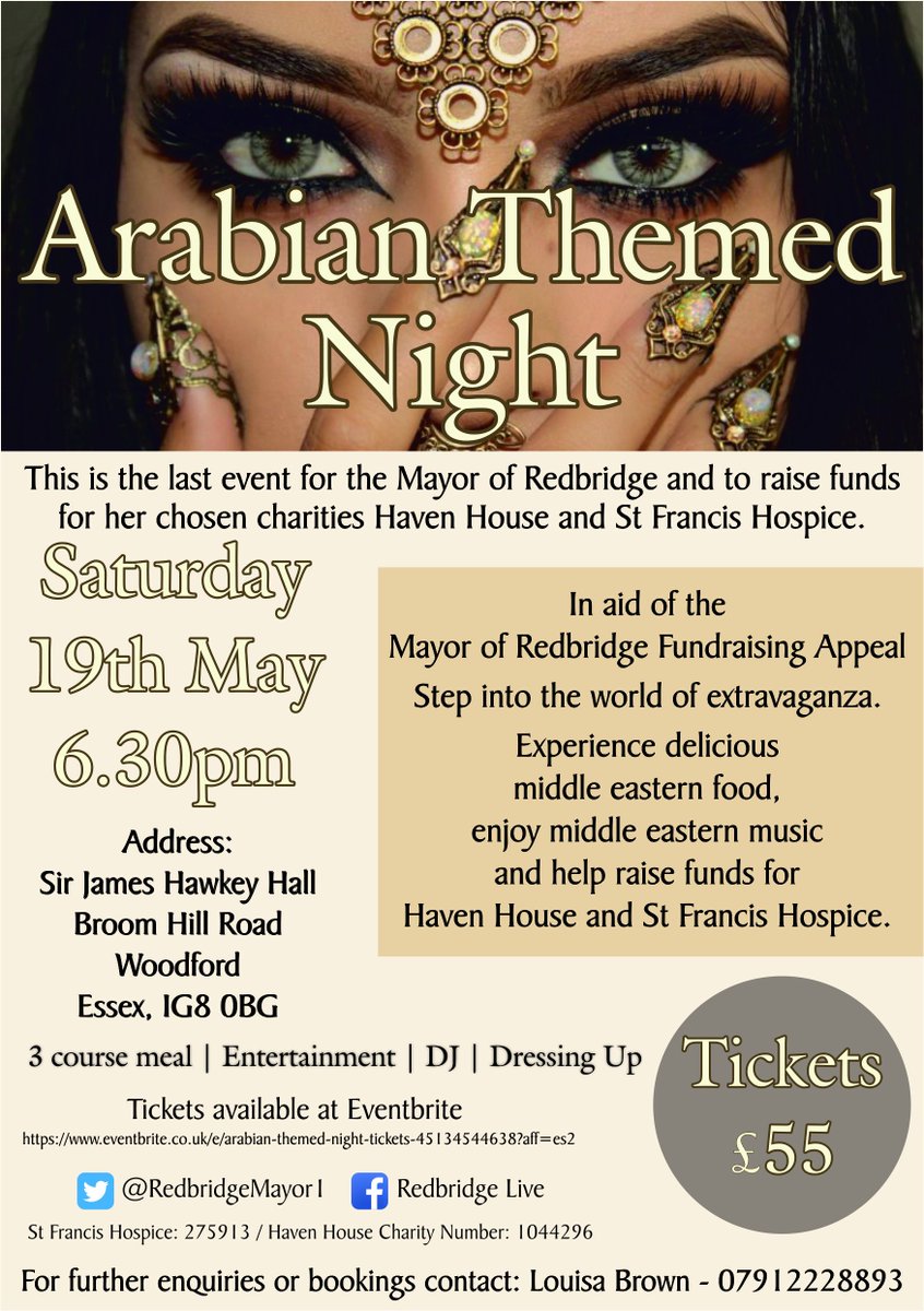 There's still time to get tickets for the truly amazing Arabian Night on Saturday 19  May at Sir James Hawkey Hall! Have a great night out and raise money for two fantastic local charities, St Francis Hospice and Haven House.   facebook.com/mayors.appeal/…
<a href="/BlueChilliEvent/">Blue Chilli Events</a>