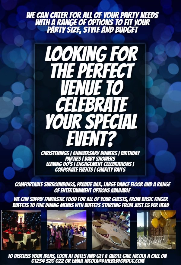 thebedfordgc's tweet photo. Do you have a special occasion coming up?

We have a great space for a wide variety of functions, range of entertainment options and catering including buffets from from £5 per head!

For more info call Nicola on 01234 320 022 or email nicola@thebedfordgc.com https://t.co/mHgofZI0rn