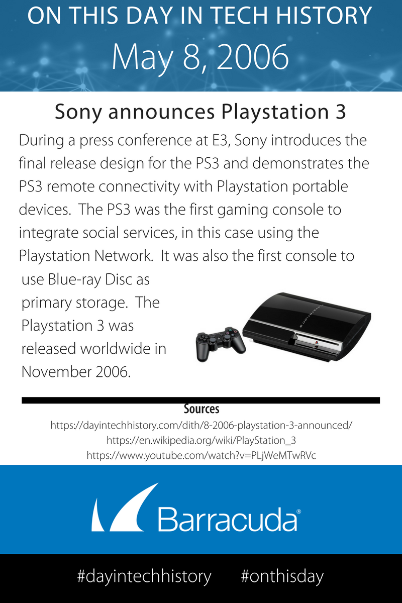 barracuda's tweet photo. OTD 2006, Sony introduced the Playstation 3 at an E3 press conference. Among the innovations are the Blu-ray Disc storage and the Sony Playstation Network. Tons of hardware and cool game details in this video - https://t.co/zlWPeJIn2g #onthisday #dayintechhistory #playstation https://t.co/qStXxeSdZJ
