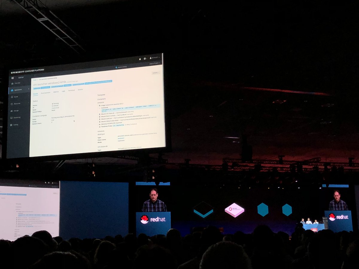 siamaks's tweet photo. Running a Windows server in a virtual machine, managed natively by OpenShift on stage at #RhSummit https://t.co/NEbHepAZ5U