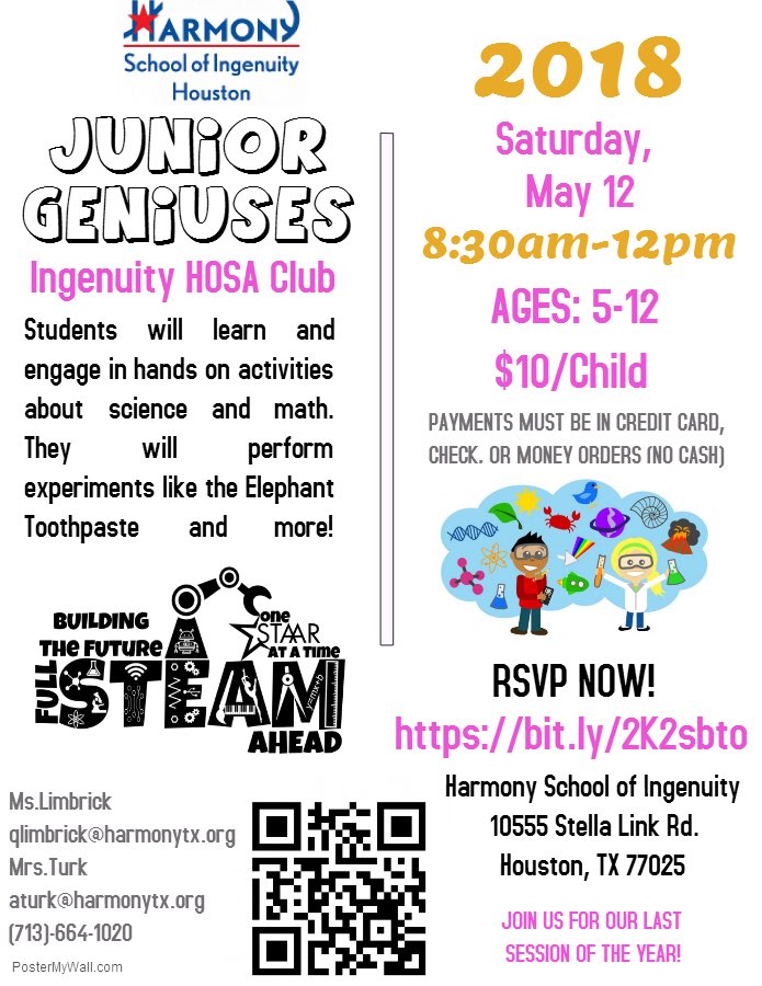 HS Ingenuity HOSA students present their last and final Jr. Geniuses STEAM camp for the 2017-2018 school year! To participate in this hands on STEM training RSVP using the following link or contact us by phone or email to secure your child’s spot! #STEMisLife #IchooseHarmony