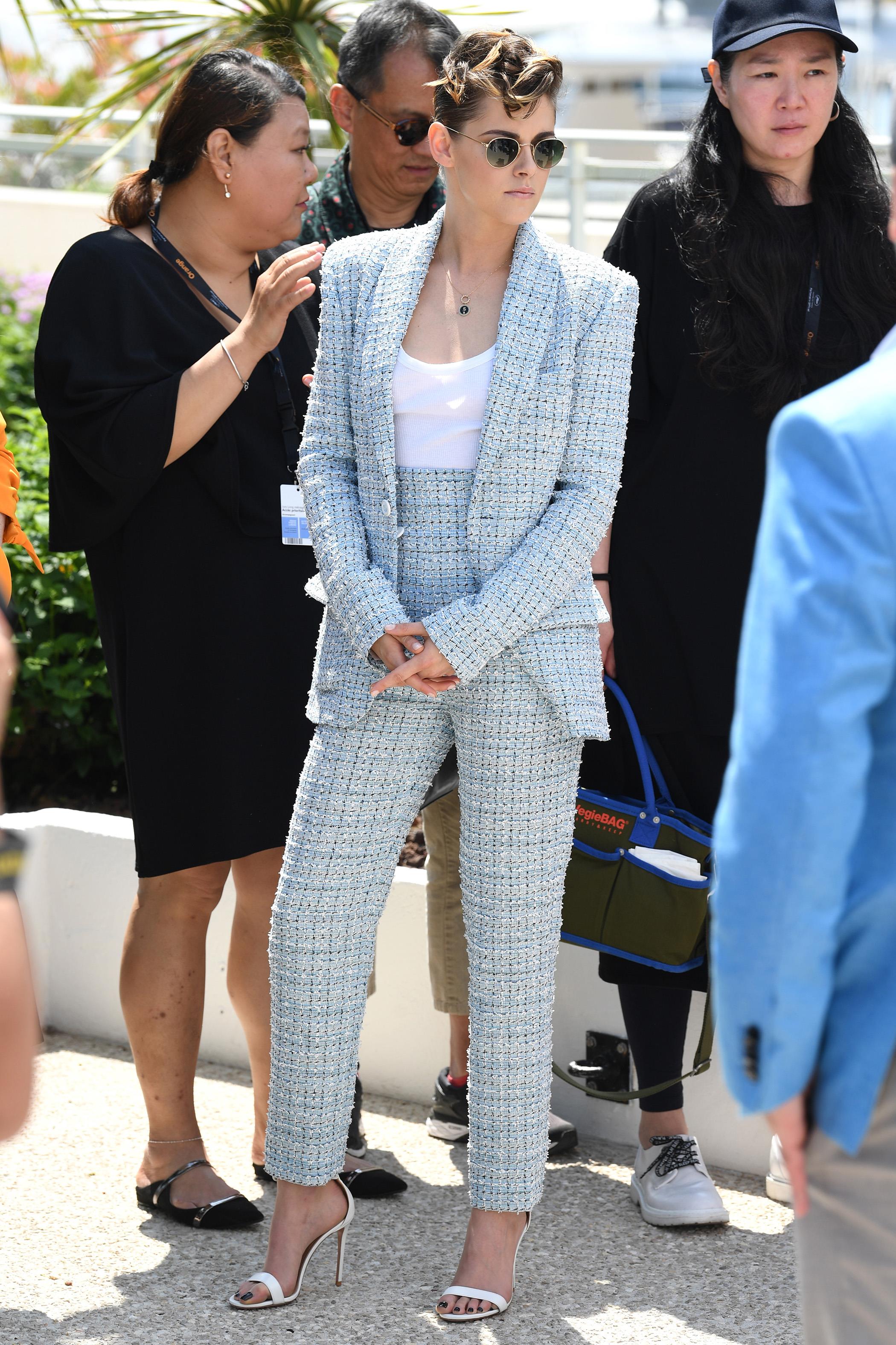 Kristen Stewart in a Chanel Tweed Pantsuit at the Cannes Film
