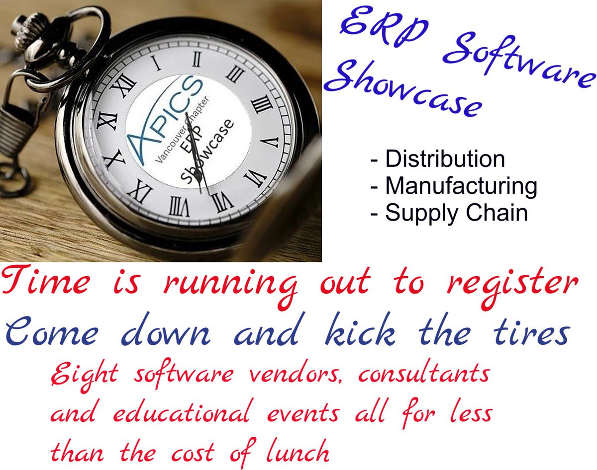 ERP Conference May 16 -  Conference Floor, Demo's, Speakers,  Cheap Food.   If you use or touch ERP in any way this is for you.  apics-vancouver.org/meetinginfo.ph…