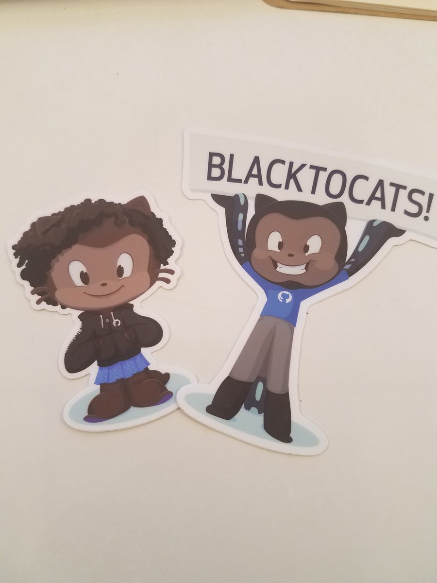 NicoleSouvenir's tweet photo. Sad that I missed out on the #Codeland2018 conference but thanks @IzzaLovesPizza for bringing me back a little piece of the awesomeness! #DiversityInTech #RepresentationMatters #blackoctocats https://t.co/5EkGeZcumc