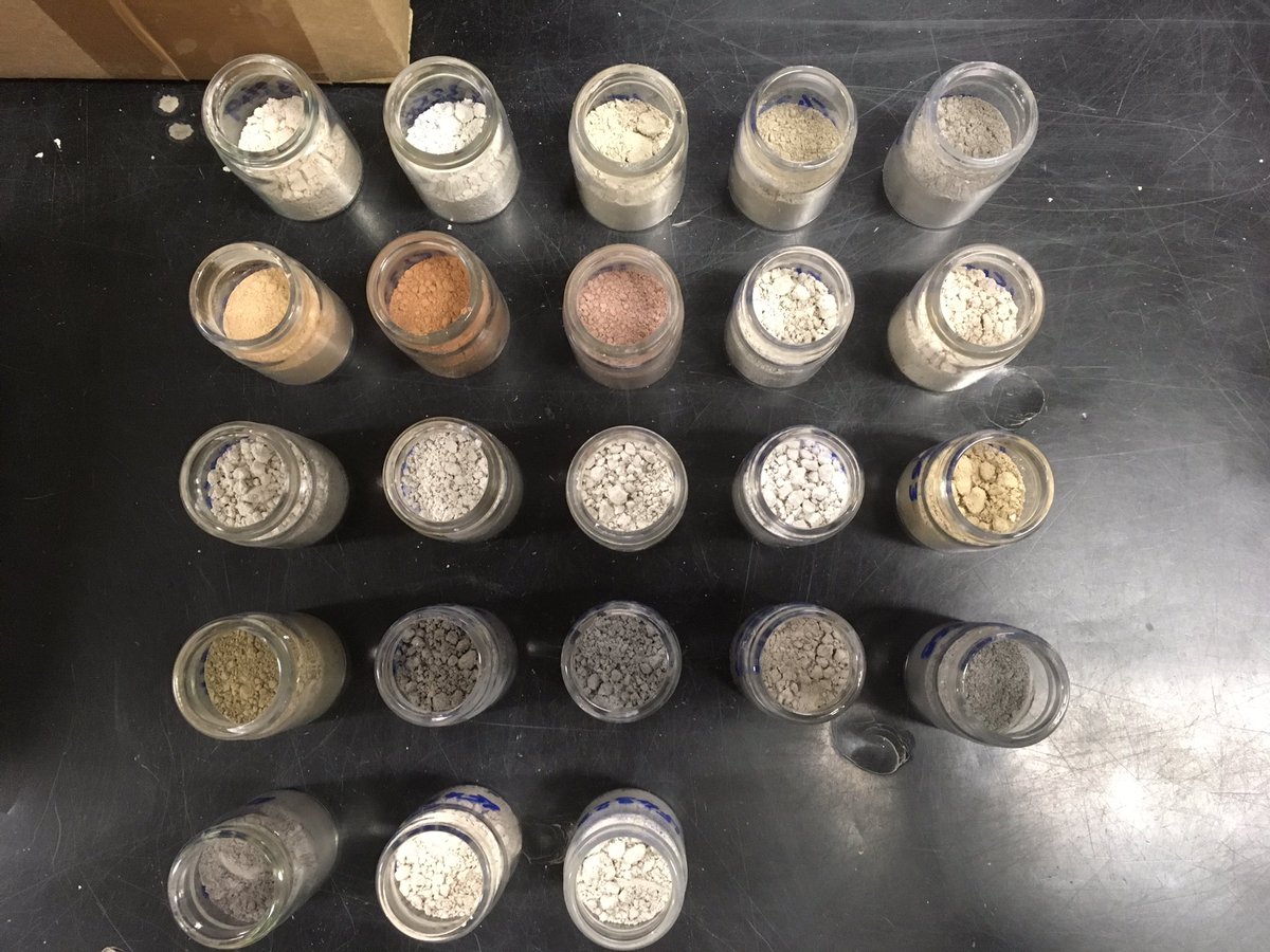 The_Volcano_Guy's tweet image. Beautiful array of colours in these crushed volcanic powders, including pumice, PDC matrix, and lavas. They've been left in the oven ready to made into fusion beads soon. #backinthelab #XRF #volcanicpowders