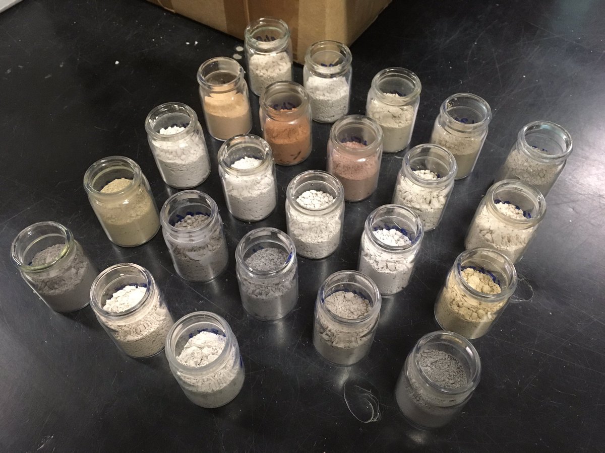 The_Volcano_Guy's tweet image. Beautiful array of colours in these crushed volcanic powders, including pumice, PDC matrix, and lavas. They've been left in the oven ready to made into fusion beads soon. #backinthelab #XRF #volcanicpowders