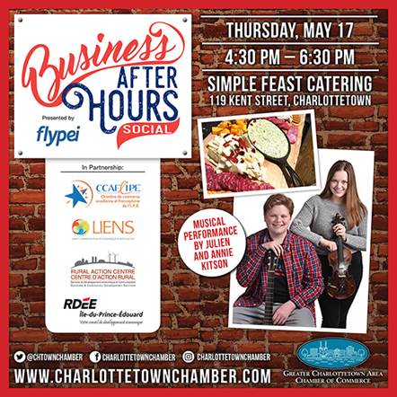 ChtownChamber's tweet photo. Business After Hours is happening Thursday, May 17 at @SimpleFeast123 from 4:30-6:30 p.m. This event, in partnership with our friends from the Acadian and Francophone community, will feature live music from Julien &amp; Annie Kitson!

#RelaxedNetworking #CharlottetownEvents #PEI https://t.co/zF0j4S791j