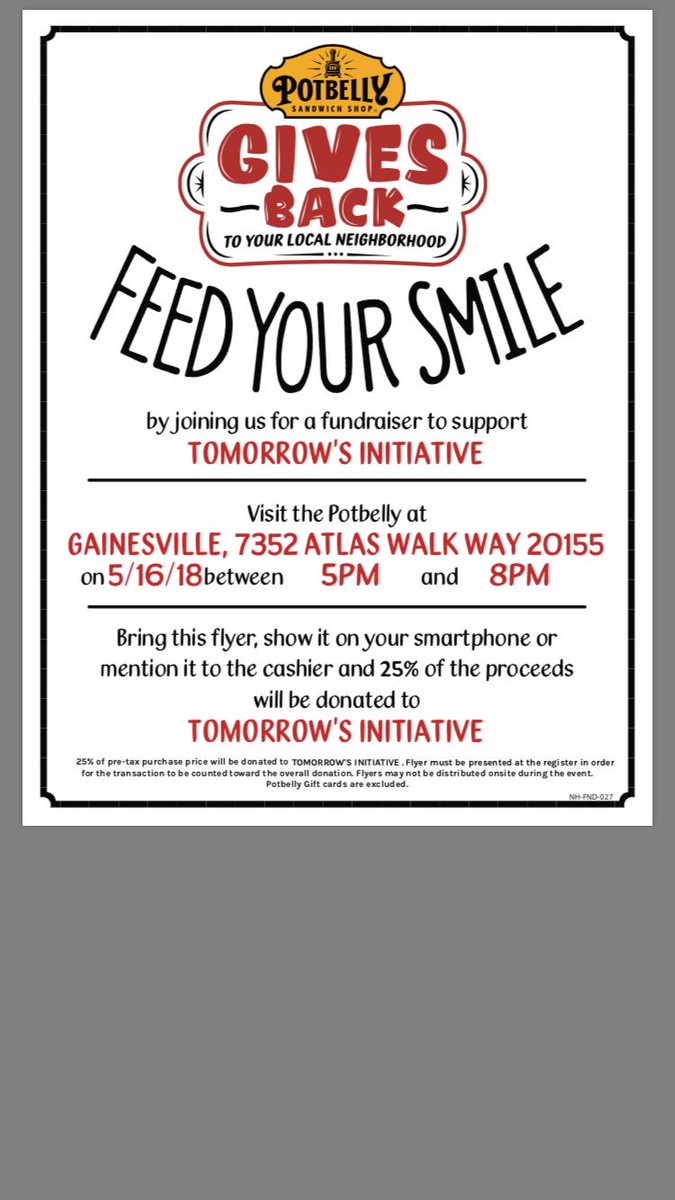 2morrowsint's tweet photo. ONLY 8 MORE DAYS! Come on out to Potbelly's restaurant on May 16th from 5-8 pm in Gainesville, VA in VA Gateway to support @2morrowsint in Ghana. Plan #today to show your support on May 16th! DON'T FORGET TO SHOW THE FLYER TO THE CASHIER!!! #TI4Ghana #BeTheChange https://t.co/B8bmUpCtbC