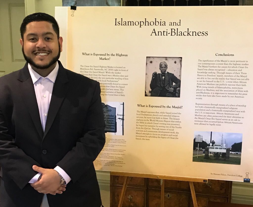 Check out @shazzyfahim’s poster on “Islamophobia & Anti-Blackness” at the “Reclaiming the Narrative: Omar Ibn Sayyid” Exhibit in the Rare Book Rm at @DavidsonCollege. A special shout-out to my dear friend, @VCUQatar’s Akel Kahera, for taking the time to talk to Shazzy about Said.