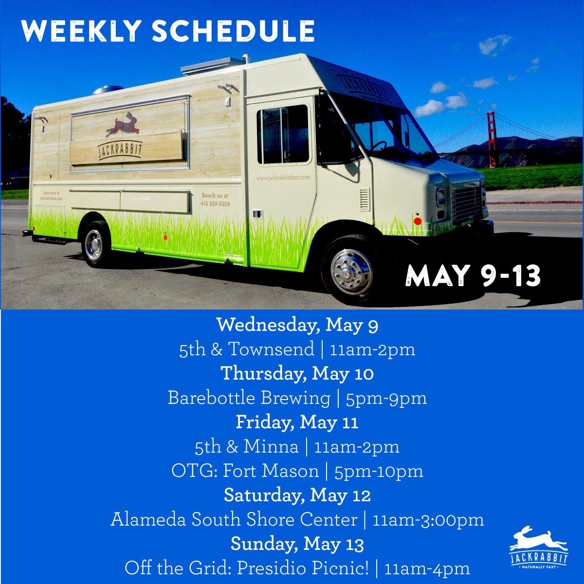 Weekly schedule alert! Lunch at <a href="/otgsf/">Off the Grid</a> in SoMa Wednesday and Friday, <a href="/barebottlebeer/">Barebottle Brewing</a> Thursday, and Fort Mason and #PresidioPicnic this weekend! See you out there friends.