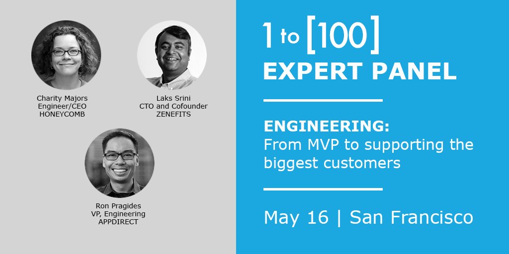 5/16 <a href="/mipsytipsy/">Charity Majors</a> (Engineer/CEO <a href="/honeycombio/">Honeycomb.io System Status Updates</a>), <a href="/laks_srini/">Laks</a> (CTO &amp; Cofounder, <a href="/Zenefits/">Prince aizen Cadelena</a>) &amp; <a href="/mrp/">Ron Pragides </a> (VP, Engineering <a href="/AppDirect/">AppDirect</a>) discuss #EnterpriseSoftware Engineering: “From MVP to supporting the biggest customers.” Full speaker lineup &amp; registration: buff.ly/2qSSafJ