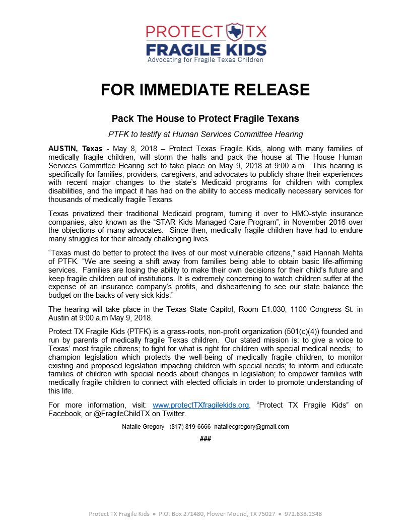 .<a href="/AP/">The Associated Press</a>    FOR IMMEDIATE RELEASE: #PACKtheHOUSE tomorrow 5/9/18 at the Capitol asking #txlege to #protecttxfragilekids and #fixthismess!