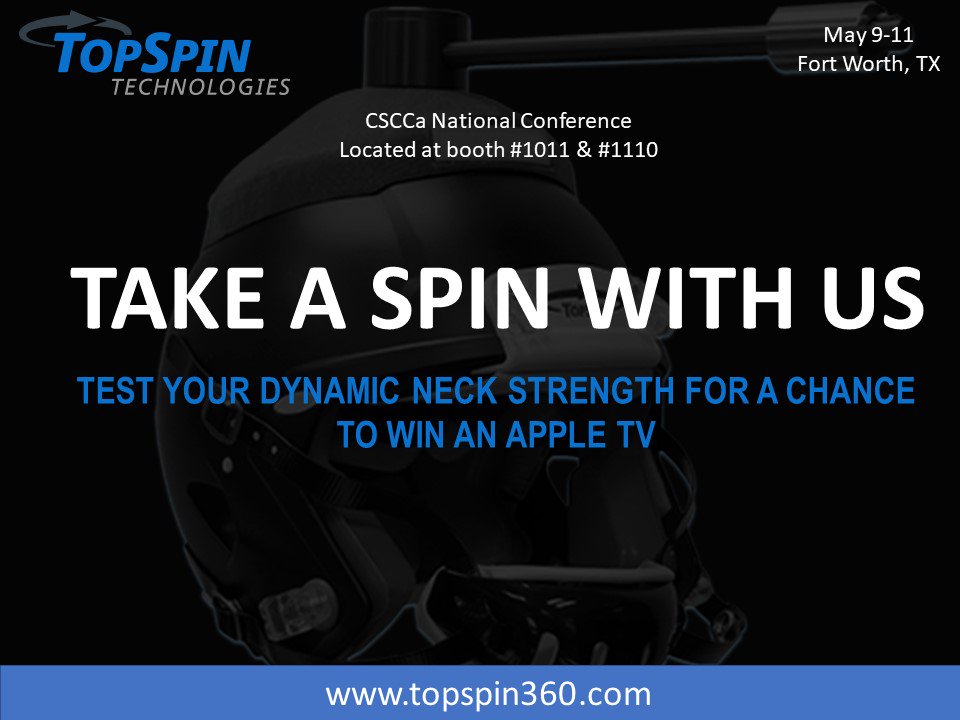 topspin360's tweet photo. Take a spin with us! Stop by booth #1011 & #1110 to test out your neck strength and a chance to win an @AppleTV at the @theCSCCa #national #conference in Fort Worth.
#makingadifference #cscca #changingthegame #neckstrength #concussionrisk #topspin360 https://t.co/2mw5EQ9s9p