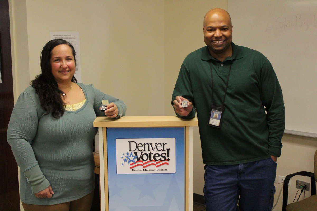 DenverElections's tweet photo. Congratulations to *Administration* Manager Lisa Stubbs and Voting Site Coordinator Michael Blanchard who recieved their 10 Year service pins from @DenverElections. #20YearsOfAwesomeness #COPolitics https://t.co/kbx6kRwpWU