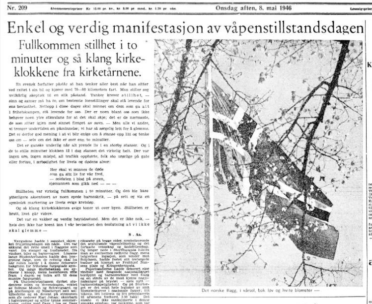 aftarkiv's tweet photo. Fra Aftenpostens førsteside 8. mai 1946, den første minnedagen ett år etter krigen: 
Her skal vi minnes de døde
Som ga sitt liv for vår fred 
- soldaten i blod på sneen,
sjømannen som gikk ned https://t.co/tczVgcM9Iq
