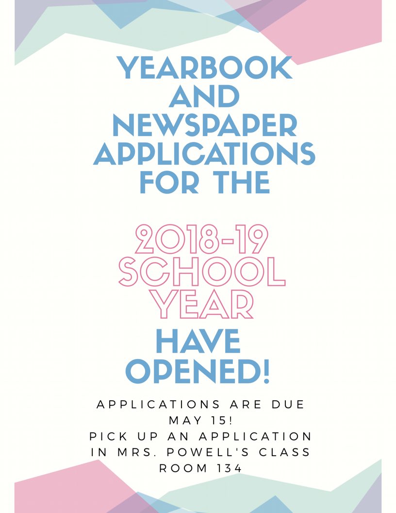 thepawprint_'s tweet photo. Yearbook and Newspaper Applications are now open! If you are interested in joining The Paw Print or Bear Prints, swing by Mrs. Powell’s classroom to pick up an application! https://t.co/hMWZF69jq6