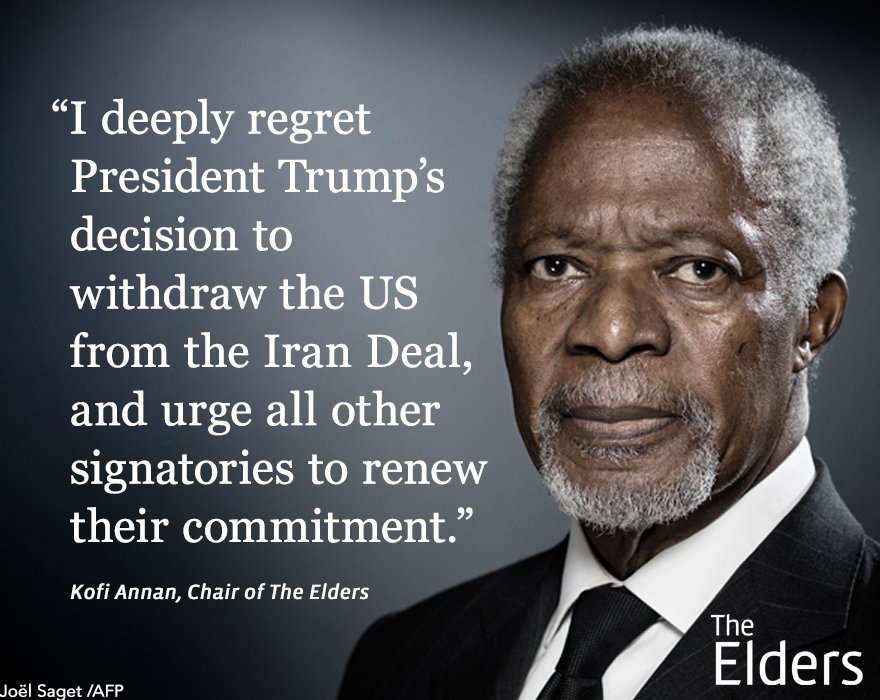 We strongly condemn <a href="/POTUS/">President Donald J. Trump</a>’ decision to withdraw the US from the #IranDeal and call on France, Germany, the United Kingdom, Russia, China and the European Union to sustain the #JCPOA’s spirit and implementation. Read our statement: theelders.org/article/elders…