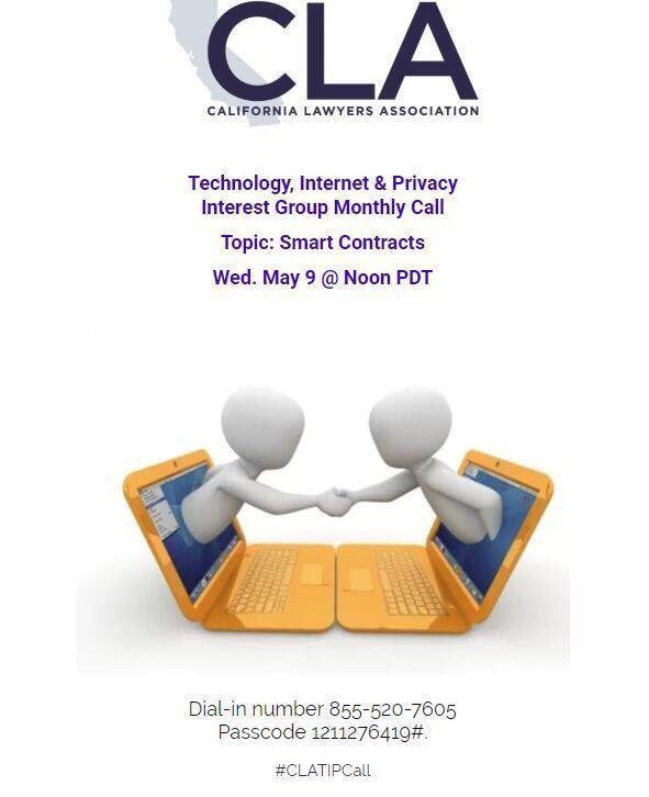 PrivacyandYu's tweet photo. Next IP Section Technology, Internet &amp; Privacy Interest Group Monthly Call.  Featuring Dat Nguyen of Sagewise who will be presenting on Smart Contracts.  WED MAY 9 at Noon PDT. #CLATIPCall #CLA_IP #CLASections #besagewise https://t.co/3ocKf8yvE3