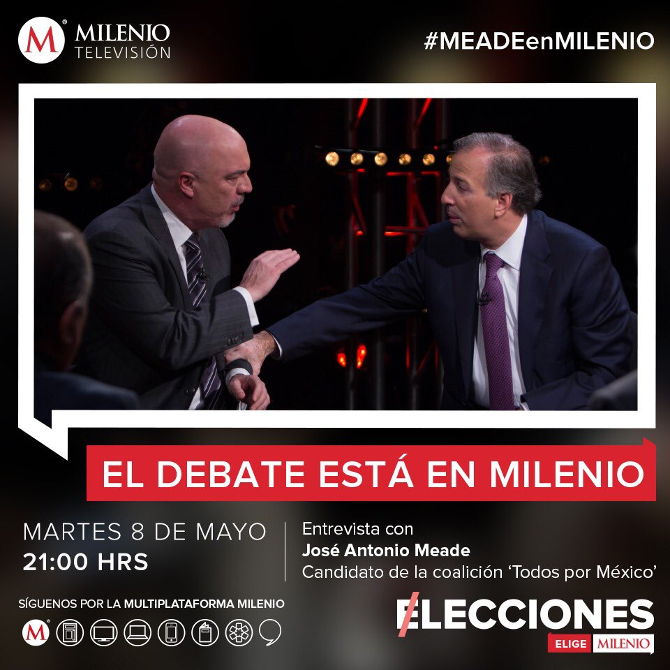 PipsGarza's tweet photo. #ElDebateEstáEnMILENIO 

Carlos Marín, @aguilarcamin, @azucenau, @jpbecerraacosta, @puigcarlos, y @jshm00 platicaron con @JoseAMeadeK 

¿Habló de todo? No te pierdas #MEADEenMILENIO HOY a las 21h en @mileniotv 

 https://t.co/ewPoR1tXOb #Elecciones2018 https://t.co/cNHXG4vYzn