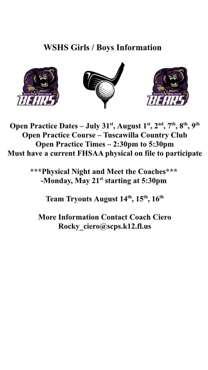 Information for fall golf team tryouts.  Physical must be on file to participate in open practices, tryouts, or regular season practices.  Physical night and meet the coaches Monday, May 21st.

<a href="/WSBearAthletics/">WINter spRINGS ATHLETICS</a>