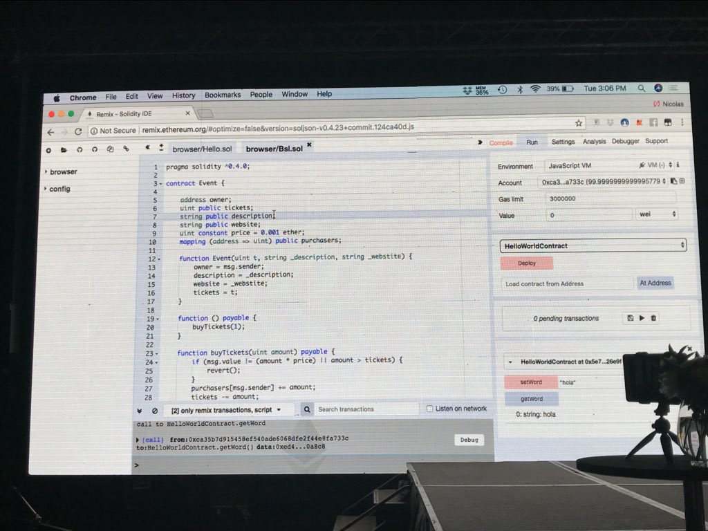demi_magus's tweet image. #BSLChile2018 #EthereumVirtualMachine más ejemplos de contratos usando el IDE de Solidity Remix