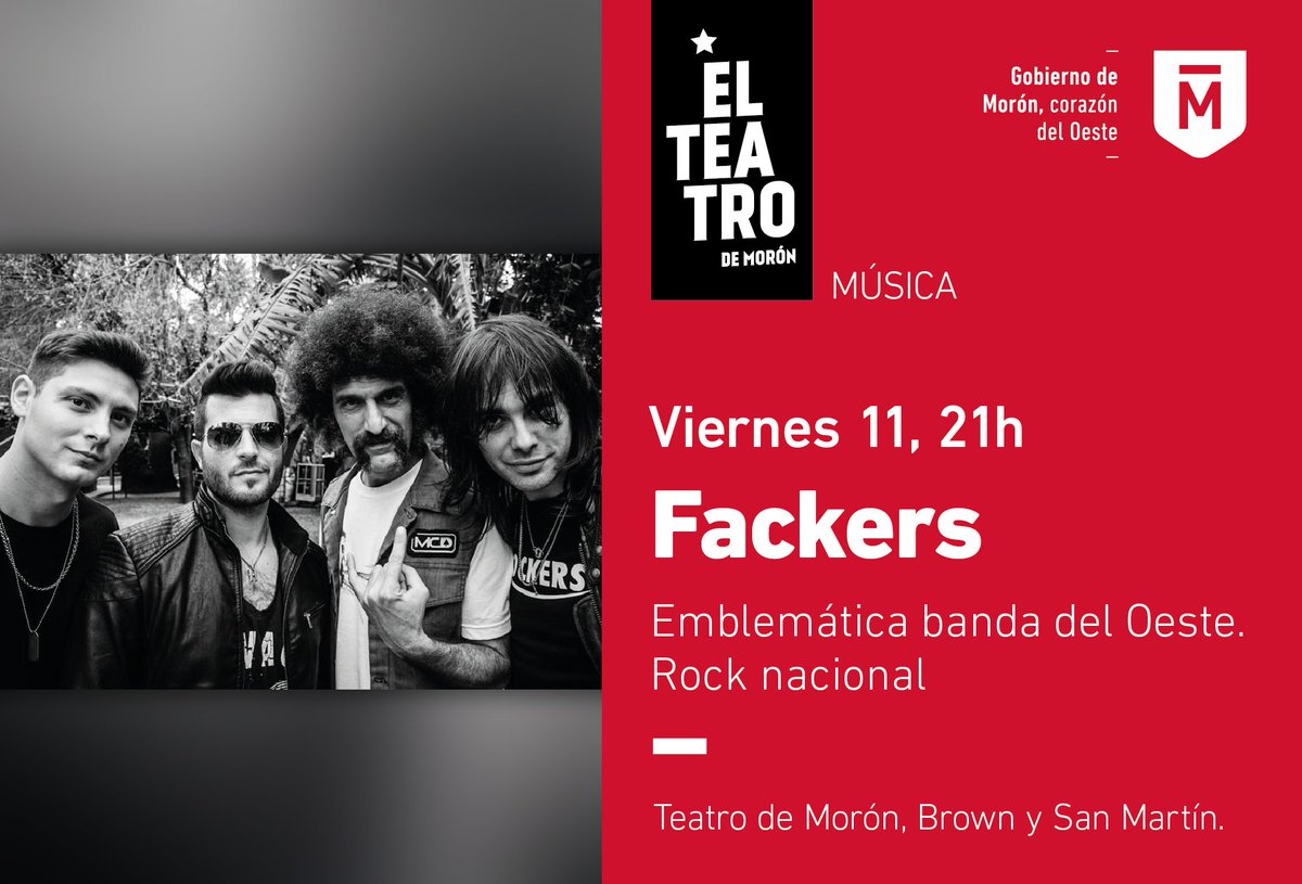 CulturaMoron's tweet photo. Este viernes, a las 21h, te esperamos en el teatro con @FackersRock Retirá tu entrada gratuita una hora antes en Brown y San Martín, Morón. ¡Te esperamos! @bandasoporte
@NacionalRock937 @okrockargentina https://t.co/9st3OqdBwO