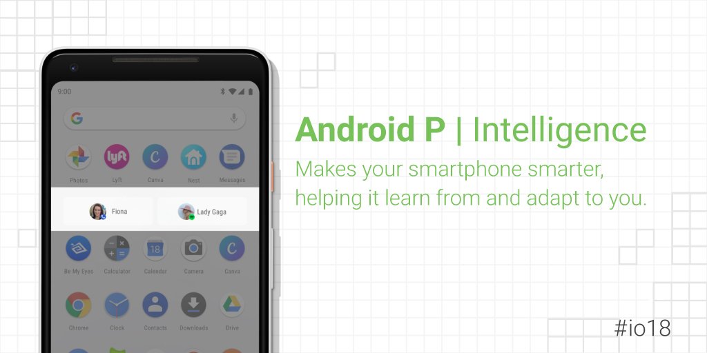 Android's tweet image. #AndroidP has AI at its core. With features like app actions, your device suggests what to do next. #io18