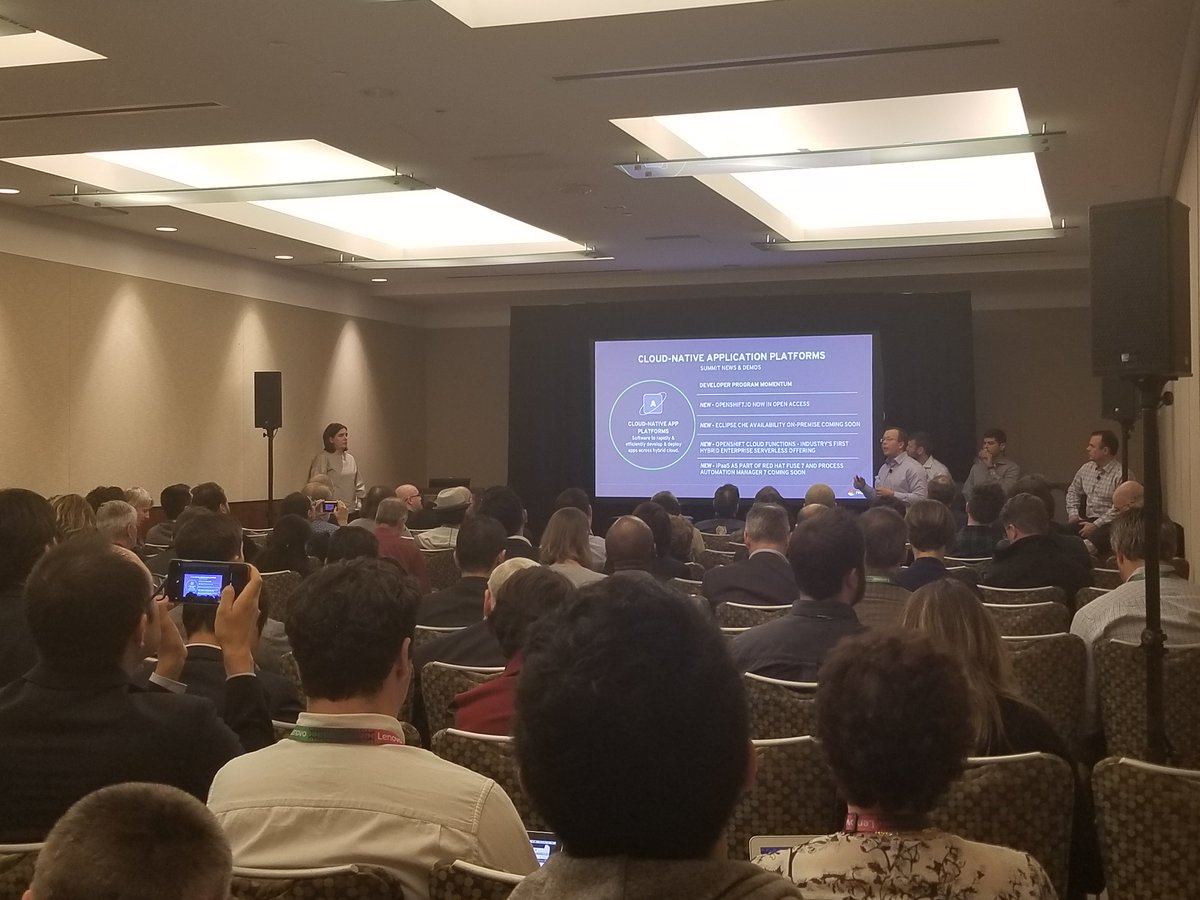 RedHat's tweet photo. A #cloud-native application platform is the glue between hybrid infrastructure and #apps. Next up, we're talking about the @rhdevelopers program momentum, #OpenShiftio, #EclipseChe on-prem & new #iPaas offerings: https://t.co/E0yGsd5Bqv #RHSummit https://t.co/OrtrrOZK59