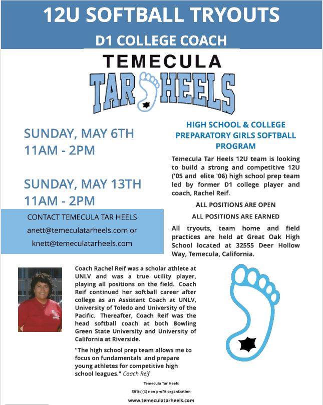 tmectarheels's tweet photo. Final weekend tryout for the 12u Temecula Tar Heels Softball team! Headed by former D1 College Coach Rachel Reif and coaches from both Great Oak High School and Temecula Valley High School, this is sure to set this program off right!!! https://t.co/q87Zls36Cp
