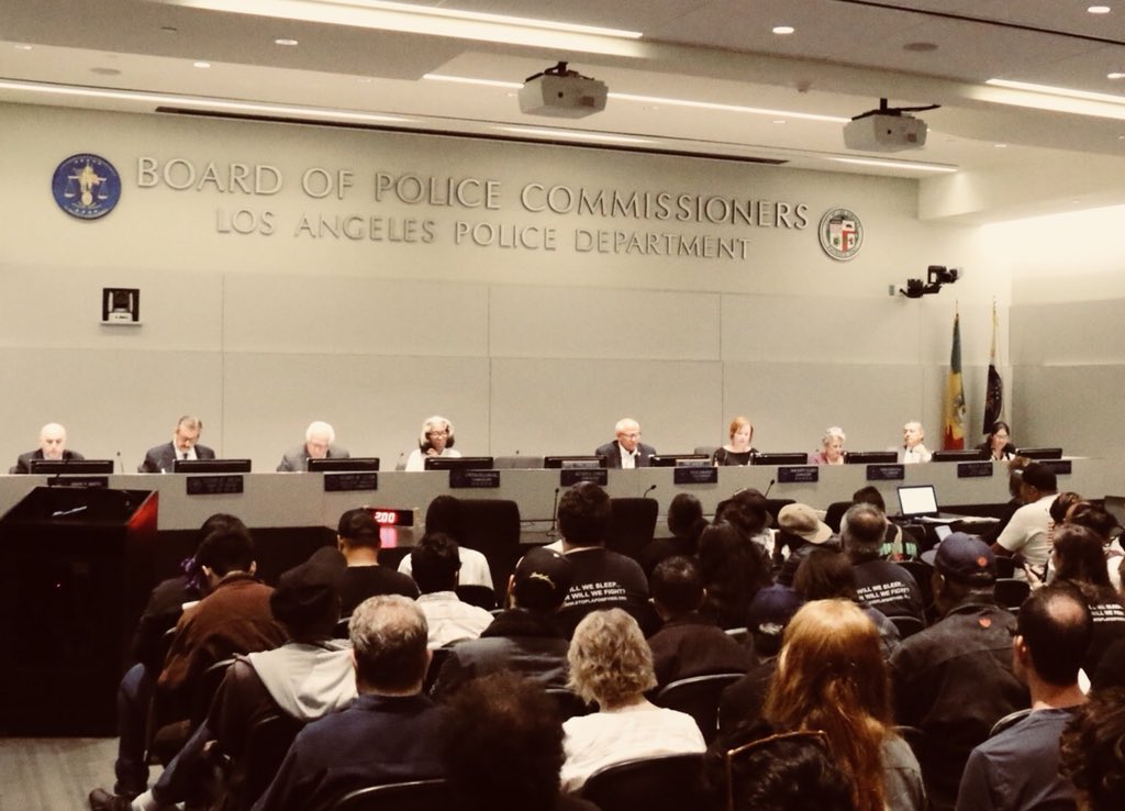 knxpete's tweet photo. #BREAKING #LAPD #ChiefBeck Protestors at Police Commission disrupt Chiefs Report. One person threw a substance, possible ashes, which hit the Chief. Woman arrested for Battery on a Police Officer. 2nd woman arrested for same charge outside room @KNX1070 https://t.co/ttSmasrapZ
