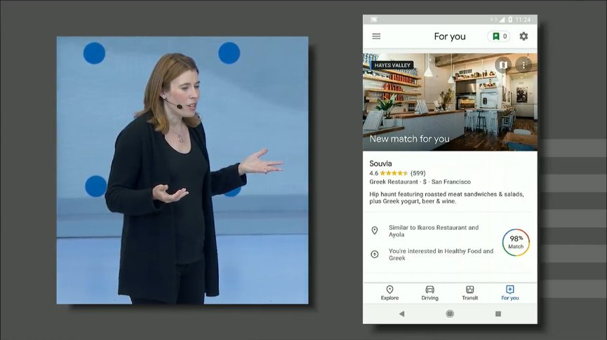 unocero's tweet photo. Pasando a #GoogleMaps, se estrena función de sugerencias de lugares y #YourMatch, una sugerencia especial basada en los gustos del usuario. #GoogleIO #GoogleIO18 #GoogleIO2018 #IO18 https://t.co/TklNOspwCG