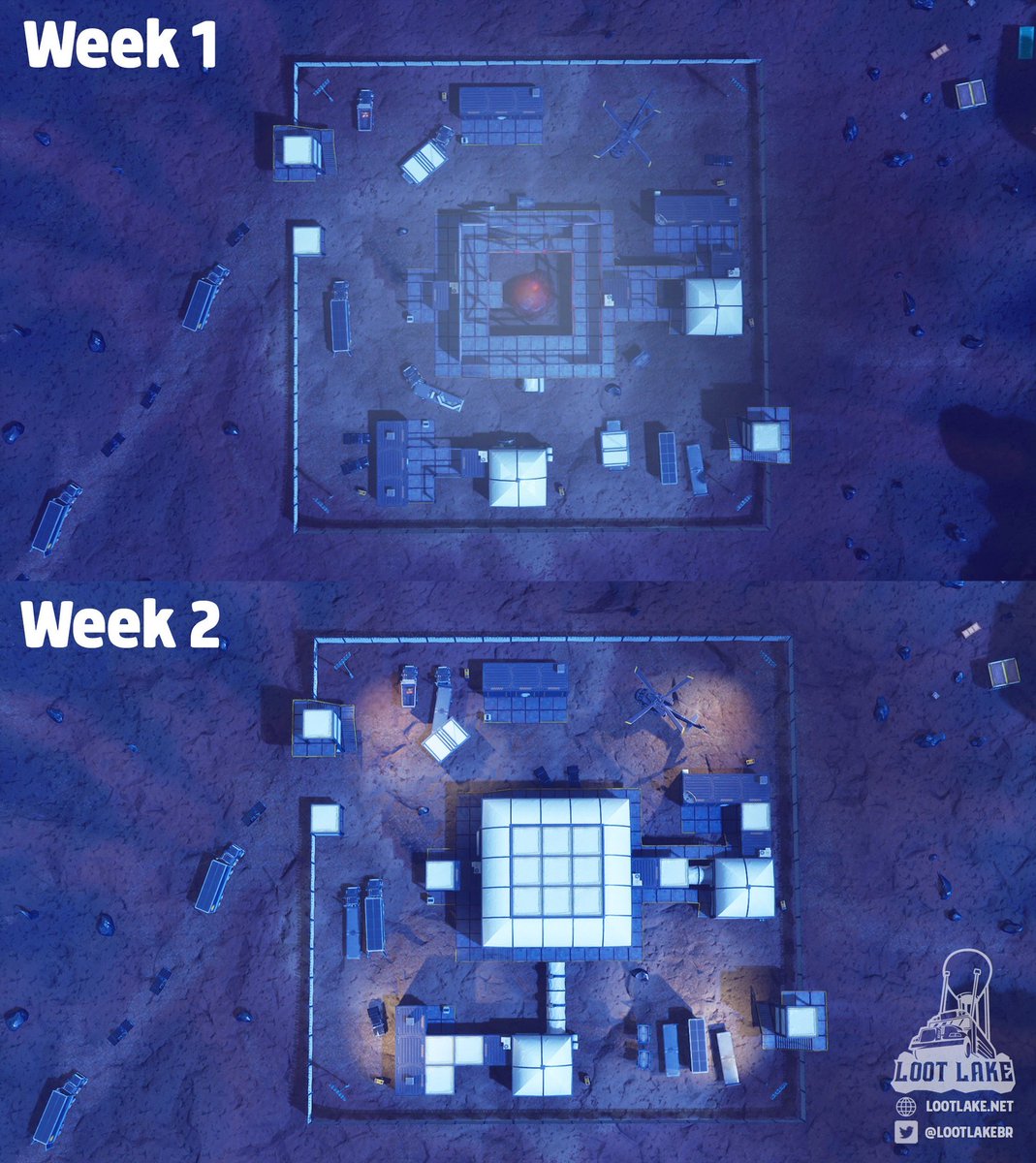 RinconFortnite's tweet photo. 📥CAMBIOS DE LA SEMANA 2📥
-Polvorin Polvoriento ahora tiene un techo cubierto
-En Alameda Aullante ahora hay como una especie de bunker https://t.co/ZYUA17uNLi