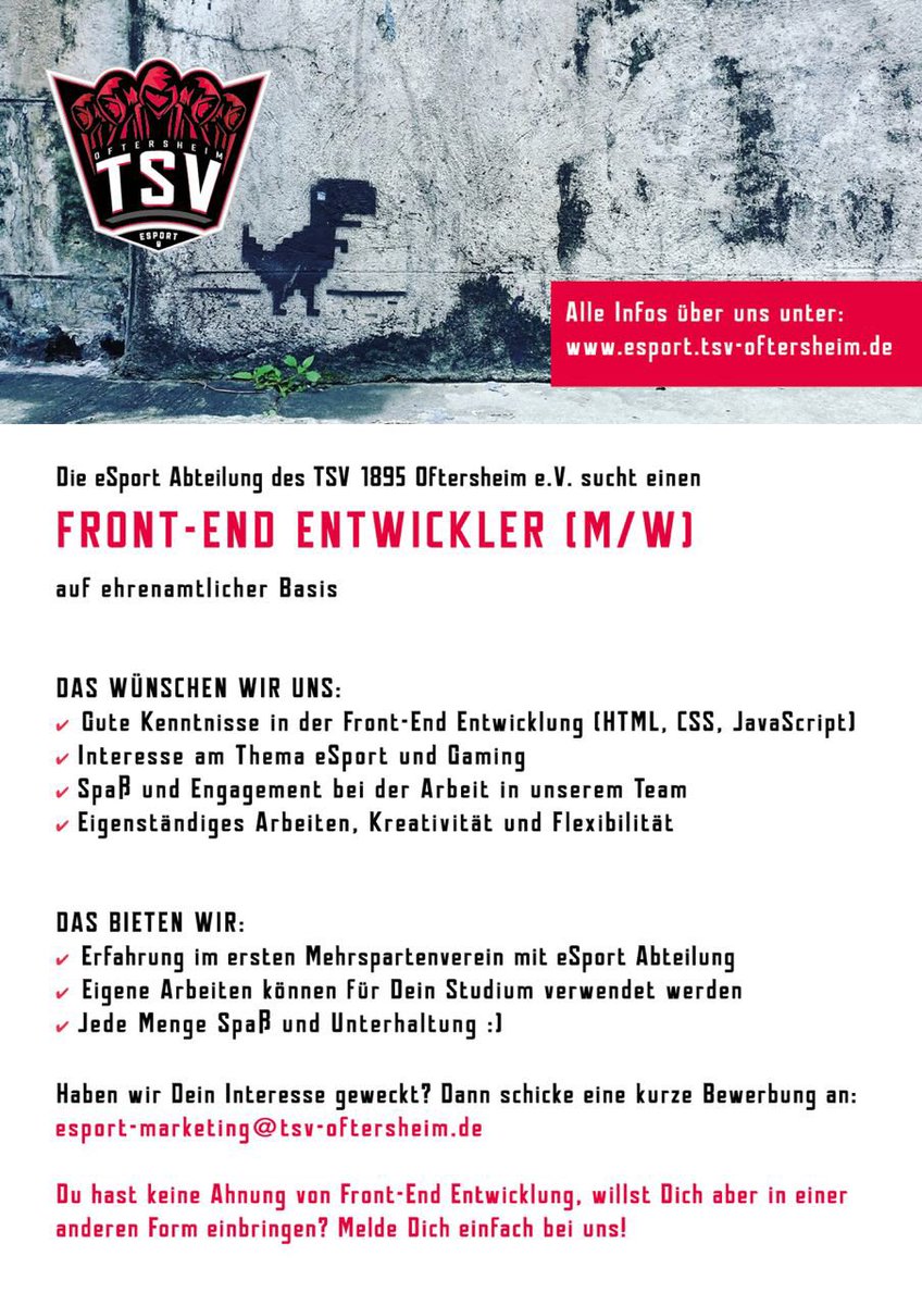 esportrn_'s tweet photo. Wir suchen Dich!

Du bist Front-End Entwickler/in und hast Lust unsere eSport-Abteilung zu unterstützen?
Dann melde dich bei uns unter:

esport-marketing@tsv-oftersheim.de

Teilen wäre N1✌️ https://t.co/02wZNWBJdf