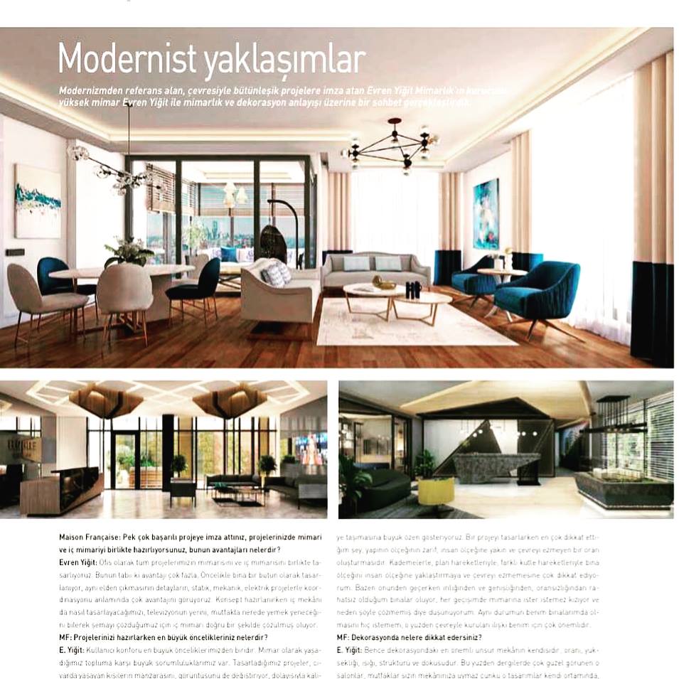 ey_architects's tweet photo. @MF_Turkiye Mayıs sayısı Ankara Decor ekinde 2 sayfalık röportajımız ve projelerimizden örnekler yayınlandı. / We had an interview with Maison Française Magazine Ankara Decor Edition in May issue. #maisonfrancaise #maisonfrancaiseturkey #evrenyigit #evrenyigitmimarlik #icmimari https://t.co/zj6Ag9TNIk