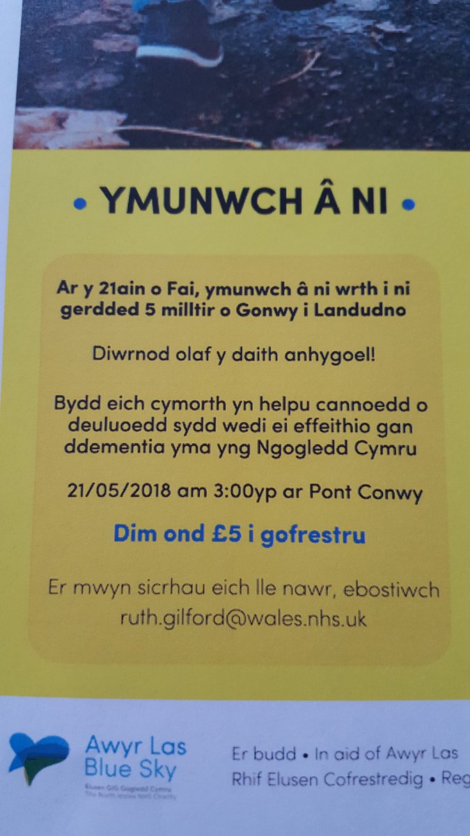Ronnie Bright &amp; <a href="/awyrlascharity/">Awyr Las: The North Wales NHS Charity</a> are doing a 83 mile walk from Holyhead to #LlandudnoHospital to raise money for Llandudno Hospital #dementia fund on 21st May. We are hoping for 70 walkers for #NHS70. Anyone interested feel free to contact Awyr Las for information  @BCUHB