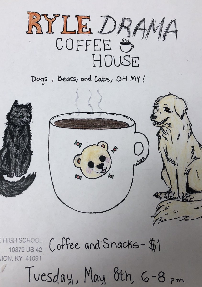 We will be hosting a Coffeehouse tonight from 6-8 in the Media Center! Admission is free and coffee and snacks can be purchased for $1! There will also be performances by several of our students! All proceeds will go towards funding for Ryle Drama!