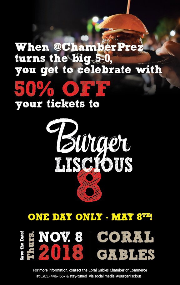 Burgerliscious (@burgerliscious_) on Twitter photo We're celebrating <a href="/ChamberPrez/">Mark A. Trowbridge</a>'s 50th birthday by sharing some special savings with you! For one day only, you can get 50% off of GA or VIP admission to #burgerliscious8 on Nov. 8! bit.ly/2I8e998 We're celebrating <a href="/ChamberPrez/">Mark A. Trowbridge</a>'s 50th birthday by sharing some special savings with you! For one day only, you can get 50% off of GA or VIP admission to #burgerliscious8 on Nov. 8! bit.ly/2I8e998